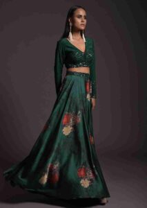 Emerald Green Floral Satin Skirt And Embroidered Crop Top