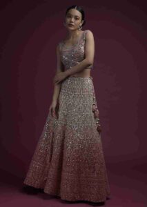 Pink Ombre Lehenga In Georgette With Lucknowi Embroidered Floral Kalis And Mirror Embellished Crop Top