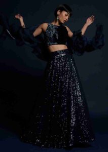 Navy Blue Lehenga In Sequins Fabric With Cut Dana Embellished Crop Top