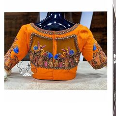 Orange designer boat neckline blouse design