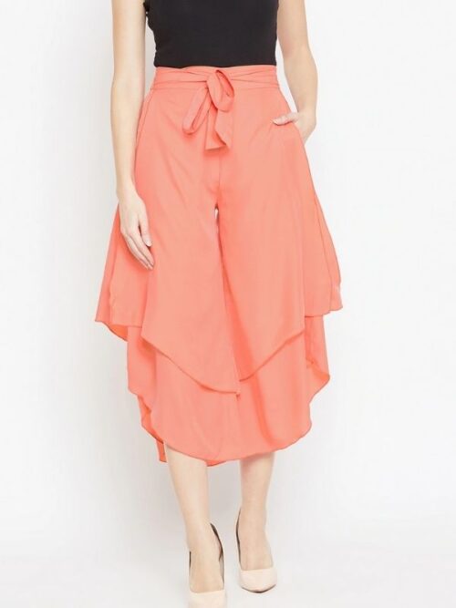Peach Colored Flared Solid Culottes With Stripy Crop Top
