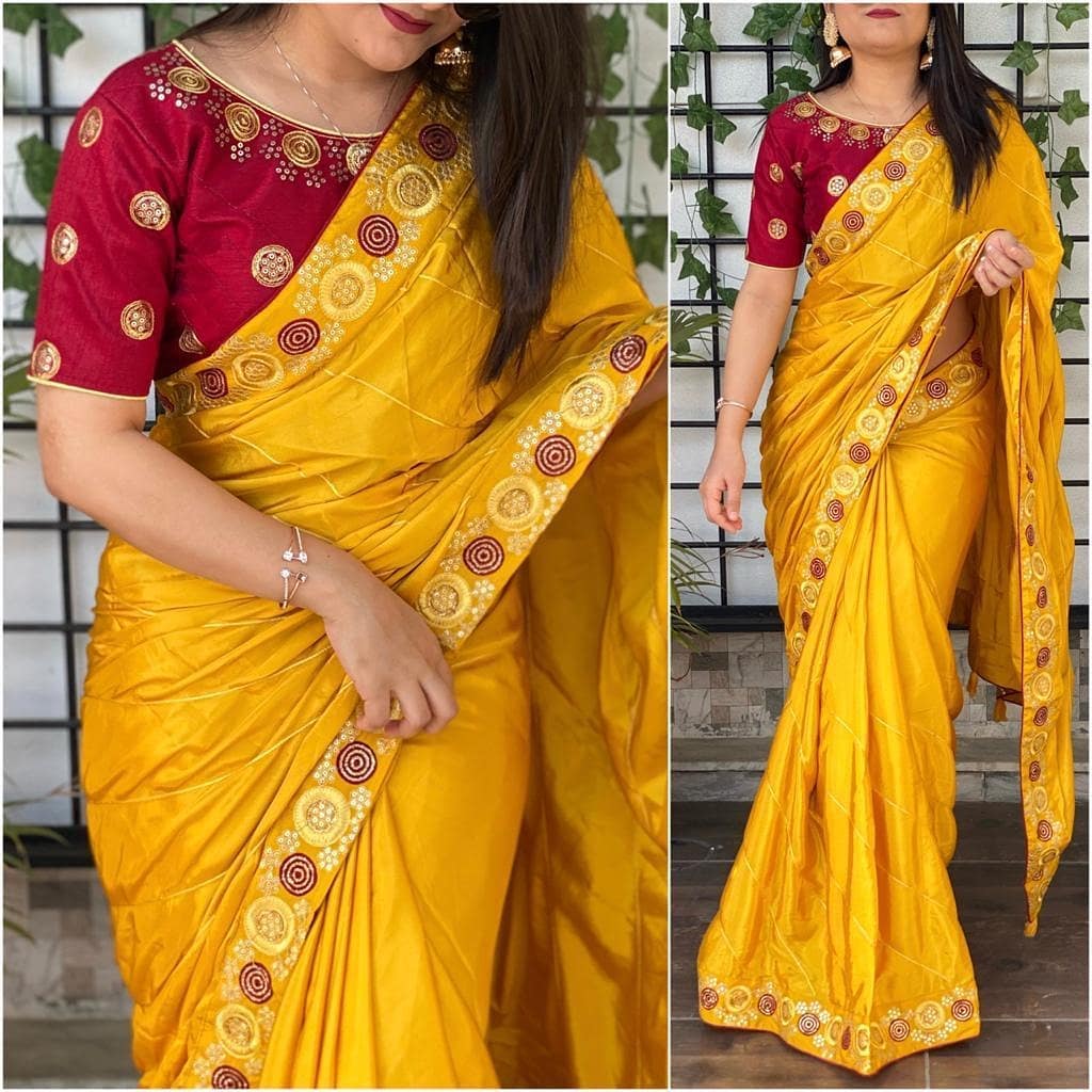 Red contrast boat neck blouse with yellow saree