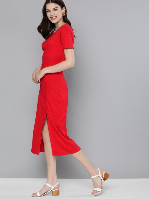 3.Red dress with white shoes