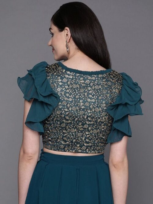 Teal Blue Floral Embroidered Crop Top