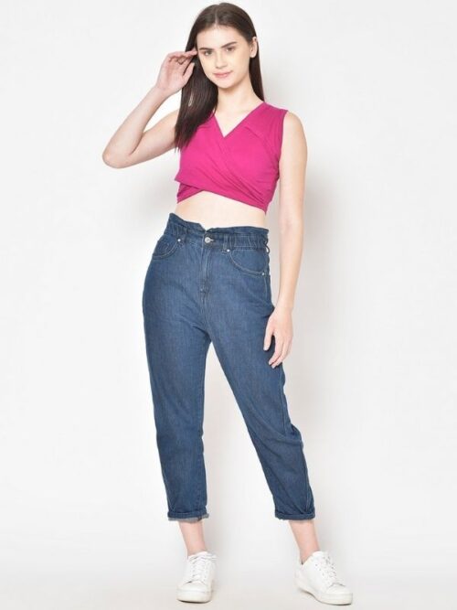 Pink Solid Fitted Crop Top