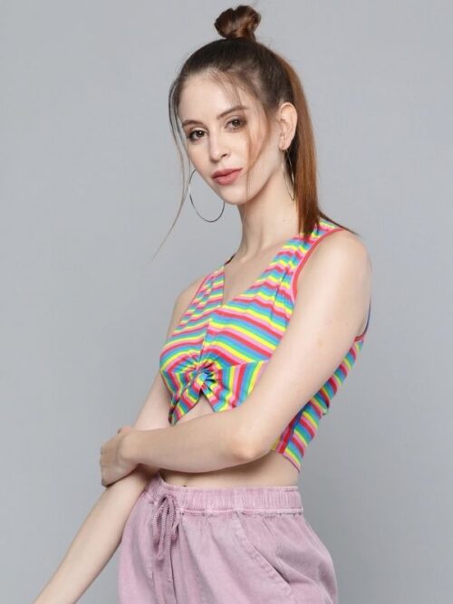 Pink & Yellow Pure Cotton Striped Twisted Crop Top