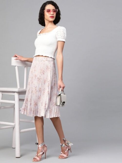 Puff Sleeves Pleated A-Line Skirt