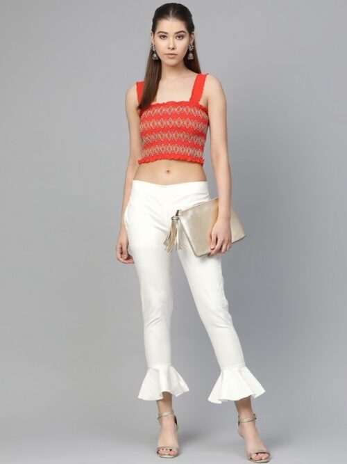 Red Colored Flared Crop Top With Culotte