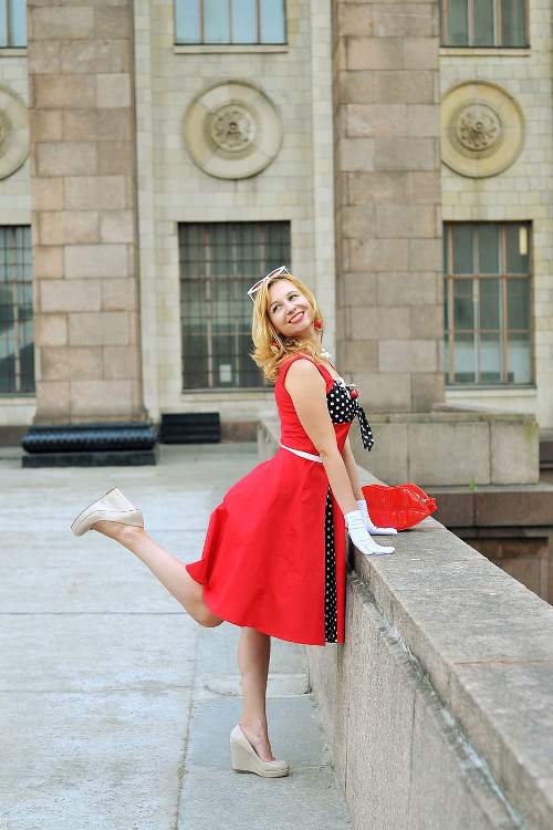 red dress with golden shoes