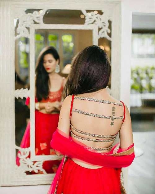 Red golden strips back neck blouse designs for chiffon sarees