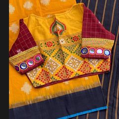 yellow contrast blouse with mirror work